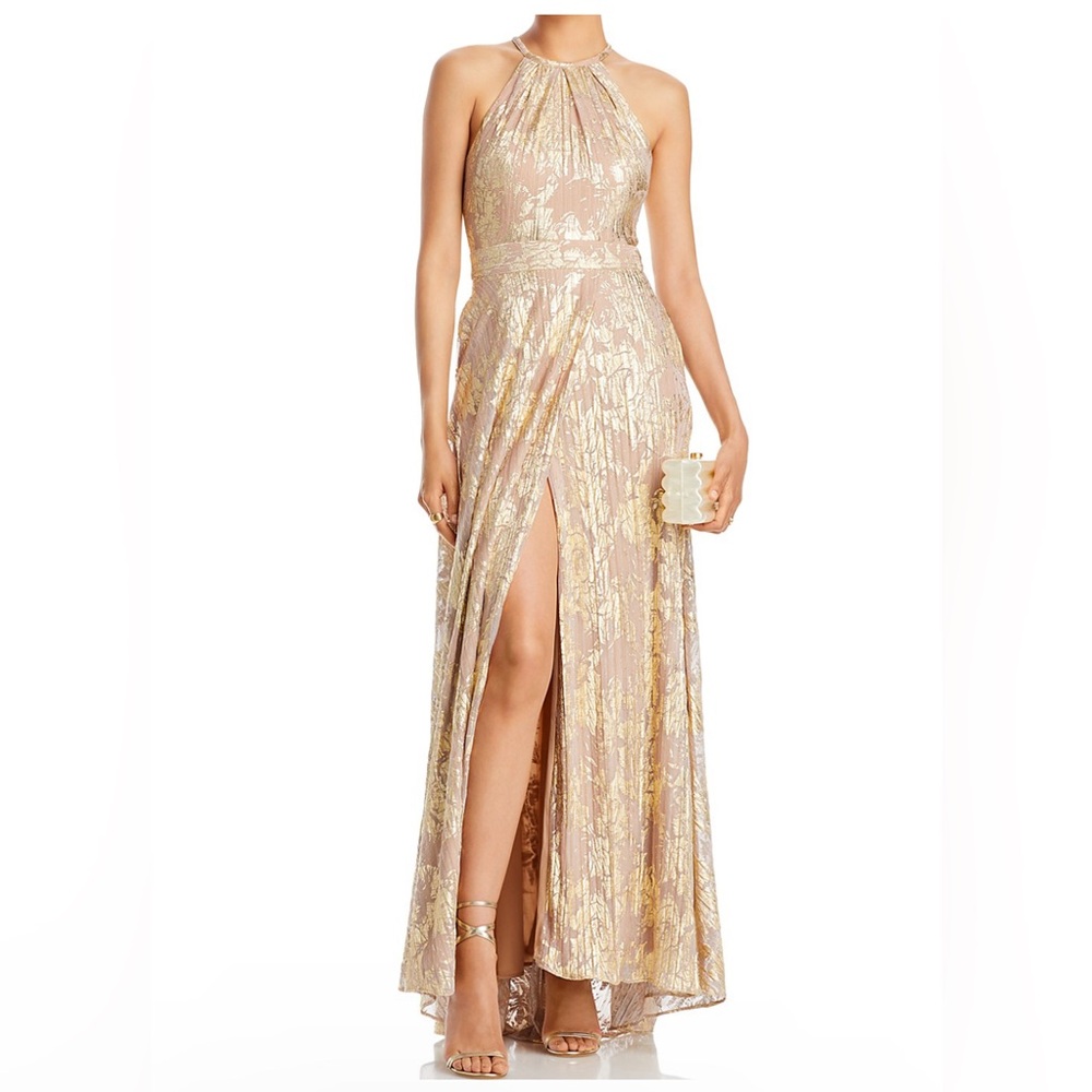 AQUA Gown - Foil Knit Metallic Halter